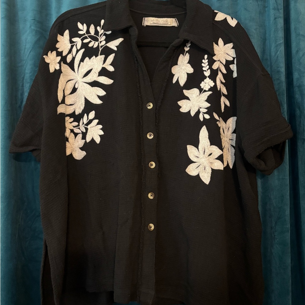 Free People Black Blouse with White Floral Embroidery